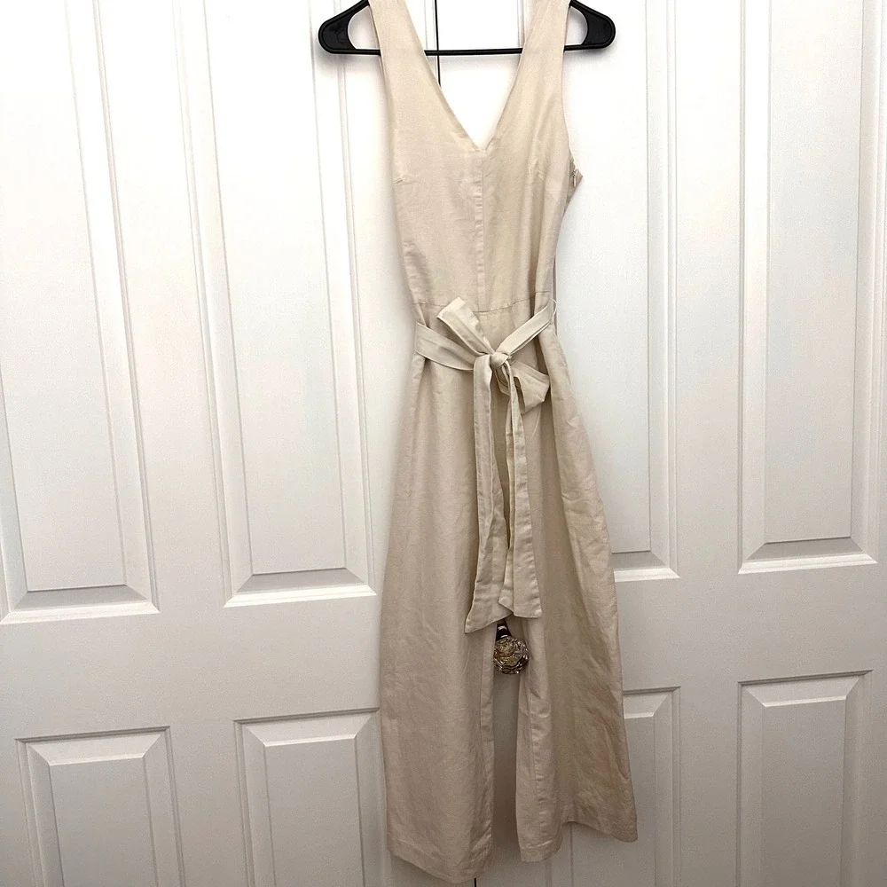 Banana Republic Women Cream Cotton Linen Wide Leg Belted Jumpsuit Size 0 Classic
